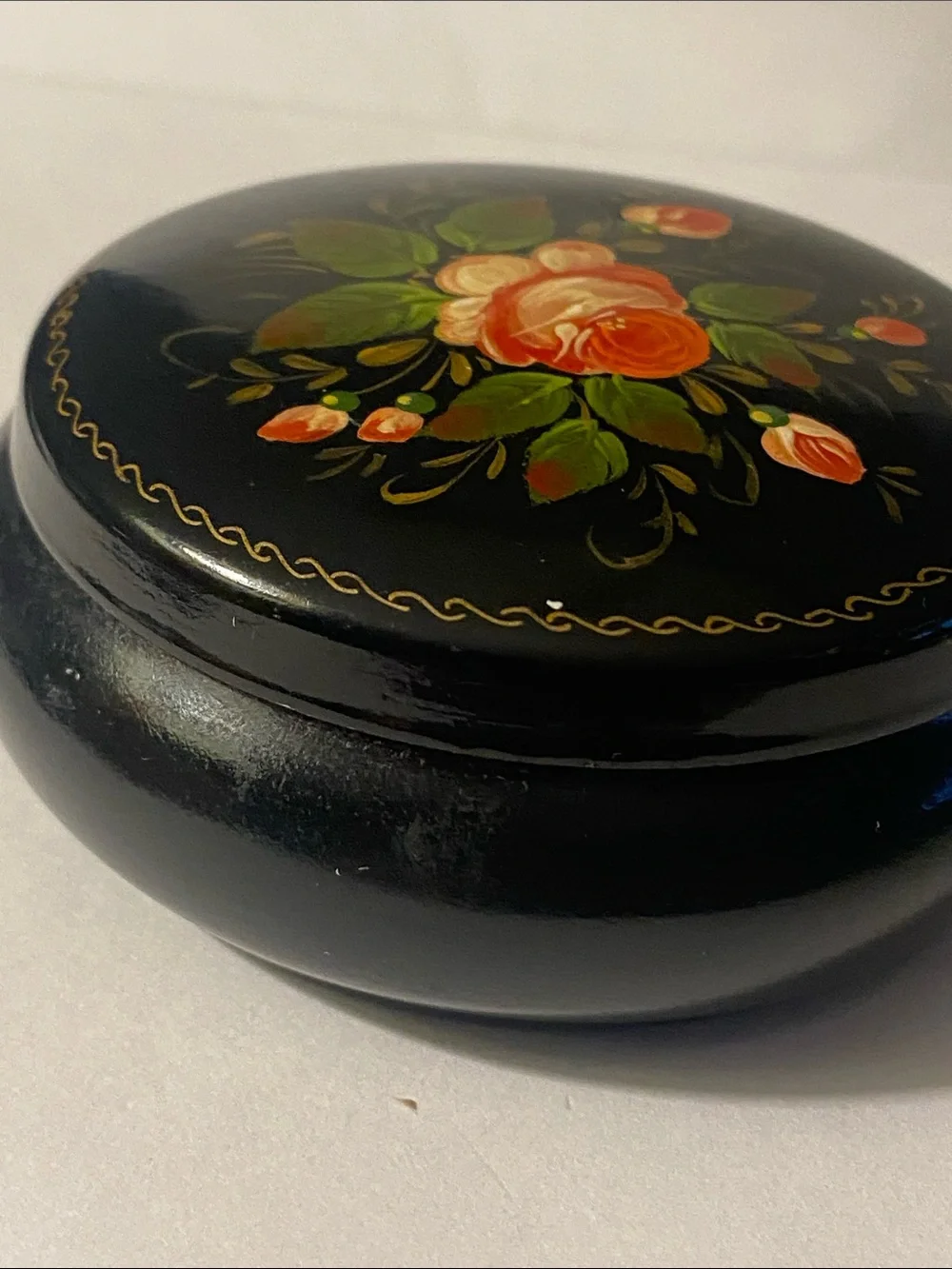 Vintage Russian Hand Painted Black Metal Tin Small Jewelry Trinket Box Floral